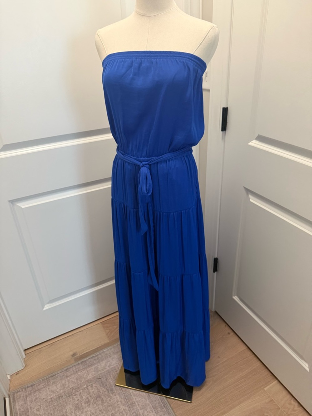 Strapless Cobalt Blue Tiered Maxi Dress with Tie Waist